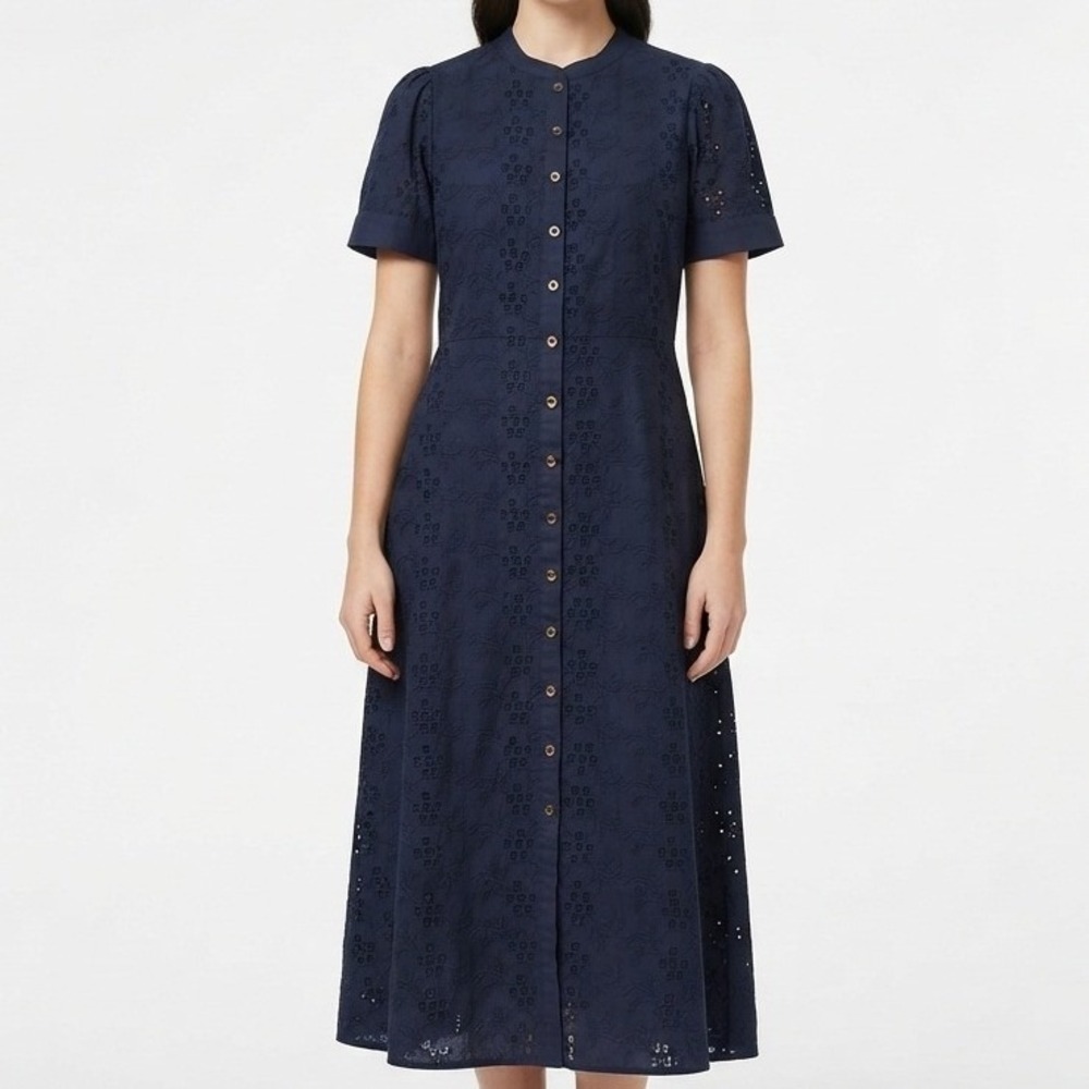 Karen Millen Eyelet Midi Dress Womens 12 Navy Blue Button Front A-Line
